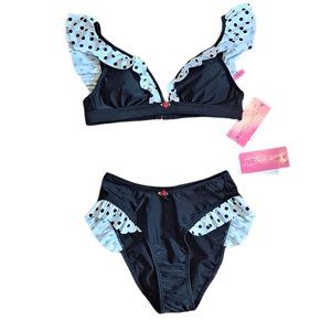 Betsey Johnson Black and White Polka Dot Ruffle 2 Piece Small